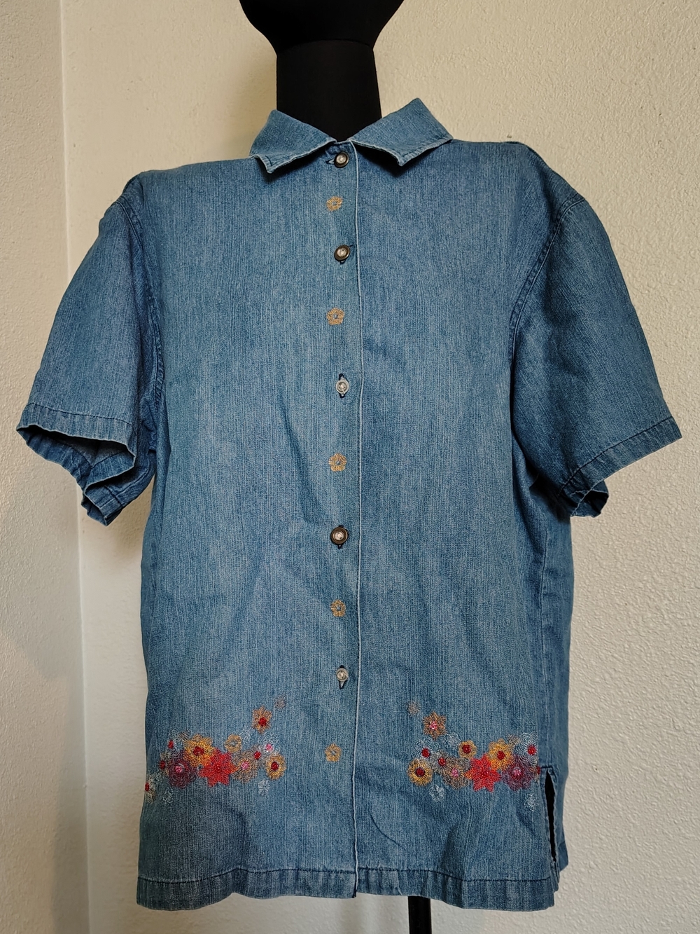Jane Ashley Blue Denim Button-Up Top Floral Bead Embroidery Women XL 90s Vintage